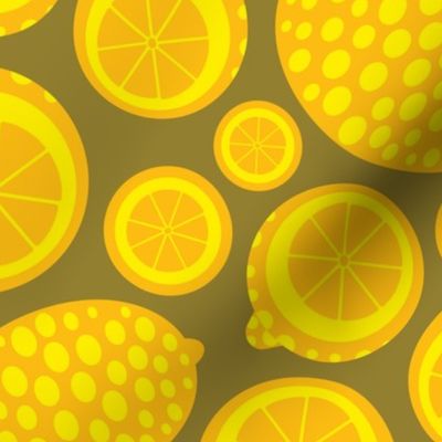 Lemon Tart Summer Retro Fruits Graphic Geometric Citrus Slices Whole Lemons  in Bright Yellow on Brown - UnBlink Studio by Jackie Tahara