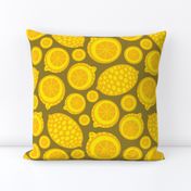 Lemon Tart Summer Retro Fruits Graphic Geometric Citrus Slices Whole Lemons  in Bright Yellow on Brown - UnBlink Studio by Jackie Tahara