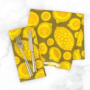 Lemon Tart Summer Retro Fruits Graphic Geometric Citrus Slices Whole Lemons  in Bright Yellow on Brown - UnBlink Studio by Jackie Tahara