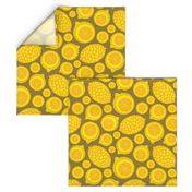 Lemon Tart Summer Retro Fruits Graphic Geometric Citrus Slices Whole Lemons  in Bright Yellow on Brown - UnBlink Studio by Jackie Tahara