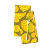 Lemon Tart Summer Retro Fruits Graphic Geometric Citrus Slices Whole Lemons  in Bright Yellow on Brown - UnBlink Studio by Jackie Tahara