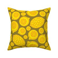 Lemon Tart Summer Retro Fruits Graphic Geometric Citrus Slices Whole Lemons  in Bright Yellow on Brown - UnBlink Studio by Jackie Tahara