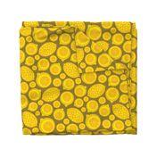 Lemon Tart Summer Retro Fruits Graphic Geometric Citrus Slices Whole Lemons  in Bright Yellow on Brown - UnBlink Studio by Jackie Tahara