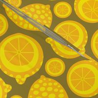 Lemon Tart Summer Retro Fruits Graphic Geometric Citrus Slices Whole Lemons  in Bright Yellow on Brown - UnBlink Studio by Jackie Tahara