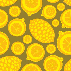 Lemon Tart Summer Retro Fruits Graphic Geometric Citrus Slices Whole Lemons  in Bright Yellow on Brown - UnBlink Studio by Jackie Tahara