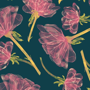 Large Scale Transparent flowers - pink on navy