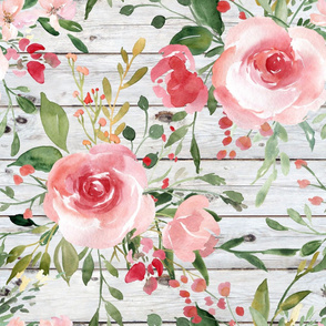 Blush Watercolor Floral on a White Wood Background - large scale