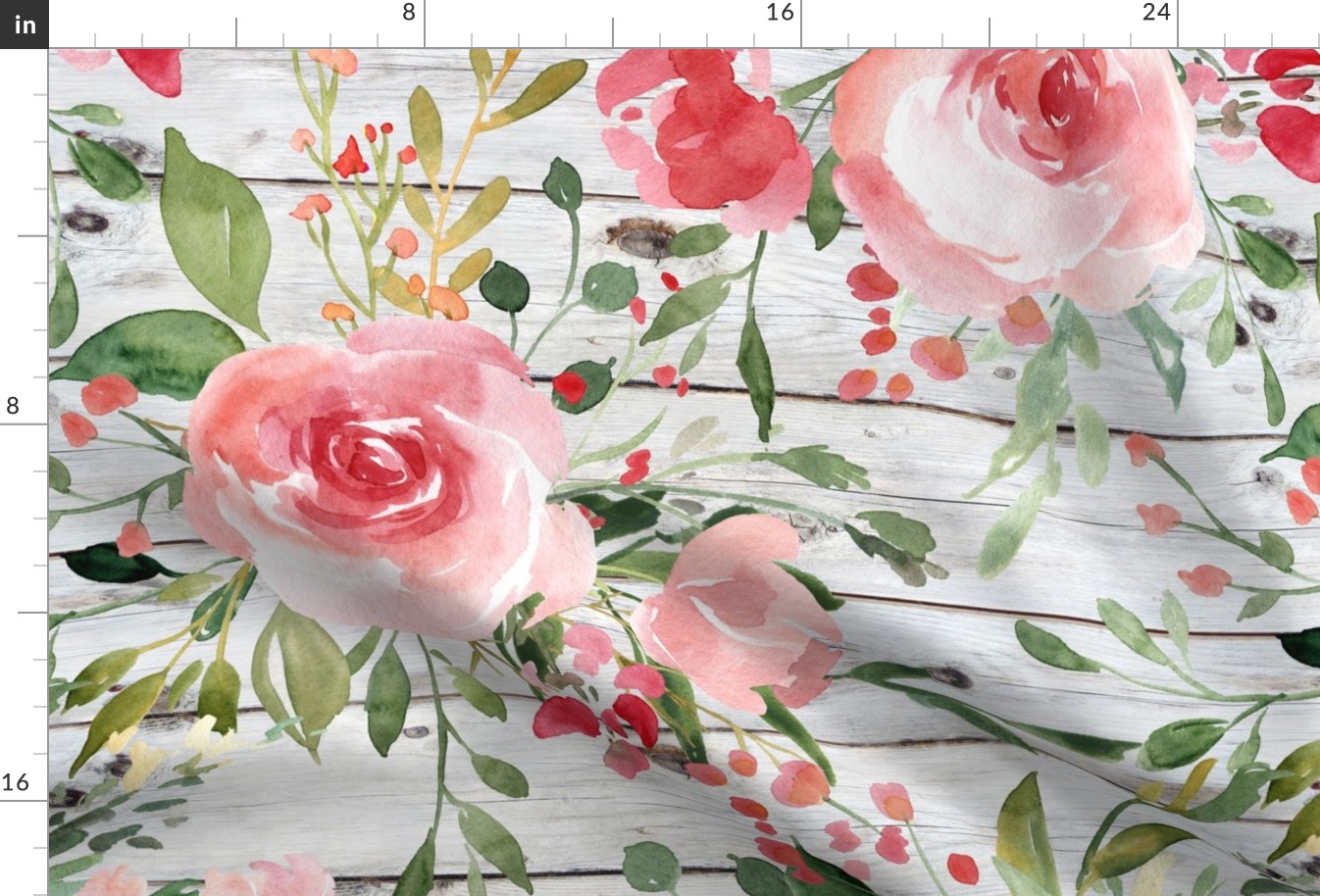 Blush Watercolor Floral on a White Wood Background - large scale