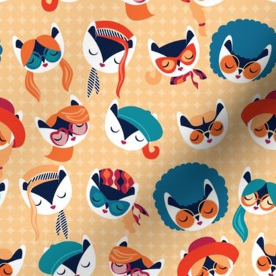 Small scale // Meowsome 70s cat faces // peach yellow background white hippie cats with cute red pink teal and orange outfits