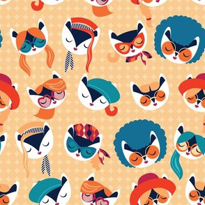 Small scale // Meowsome 70s cat faces // peach yellow background white hippie cats with cute red pink teal and orange outfits