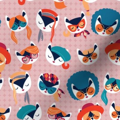 Small scale // Meowsome 70s cat faces // blush pink background white hippie cats with cute red pink teal and orange outfits