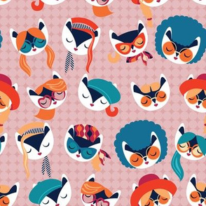 Small scale // Meowsome 70s cat faces // blush pink background white hippie cats with cute red pink teal and orange outfits