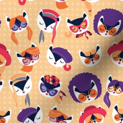 Small scale // Meowsome 70s cat faces // peach yellow background white hippie cats with cute red pink amethyst purple and orange outfits