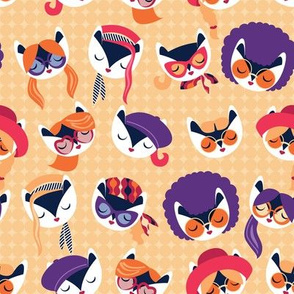 Small scale // Meowsome 70s cat faces // peach yellow background white hippie cats with cute red pink amethyst purple and orange outfits