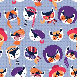 Small scale // Meowsome 70s cat faces // pale blue background white hippie cats with cute red pink amethyst purple and orange outfits