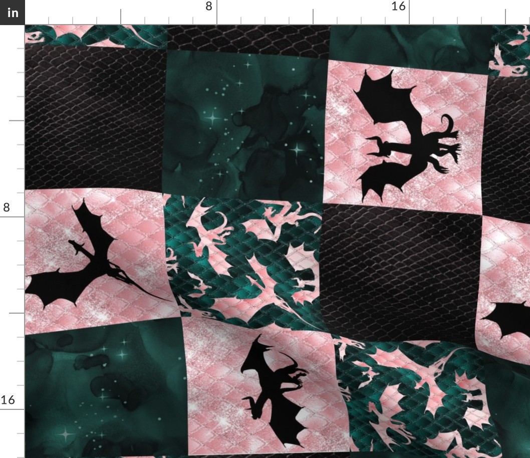 Dragon Patchwork- emerald green and pink- rotated 