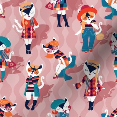 Small scale // Meowsome 70s cat chicks // blush pink background white hippie cats in fancy red pink teal and orange outfits