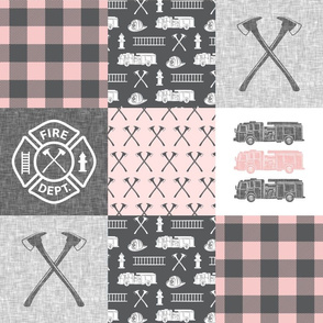 firefighter patchwork - buffalo plaid pink  - fire dept. fire trucks and axes - LAD19BS