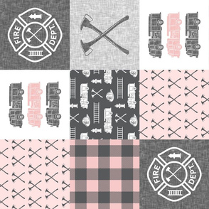 firefighter patchwork - buffalo plaid pink  - fire dept. fire trucks and axes (90) - LAD19BS