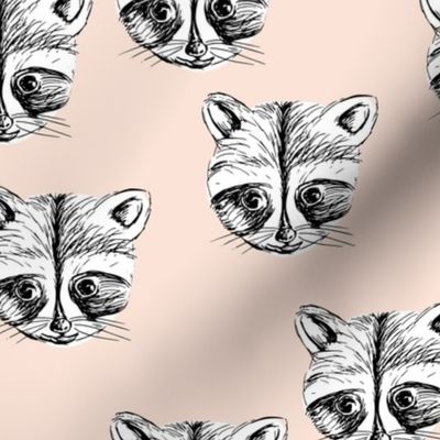 Little raccoon friends ink drawing woodland animal print pale peach