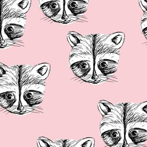 Little raccoon friends ink drawing woodland animal print soft pink