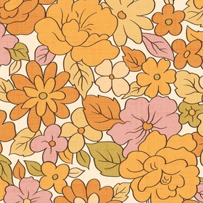 Retro Vintage Floral Honey Orange Pink Sage Ochre Medium Scale