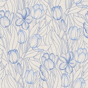 Tulip Garden Natural White French Blue Large Scale