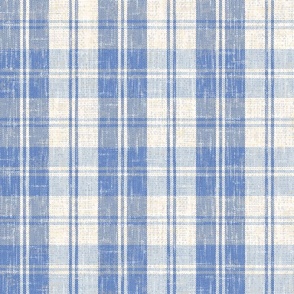 Rustic French Linen Woven Plaid Ivory Blue