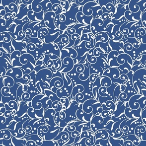 White Navy Blue Curly Vine Dots Leaves