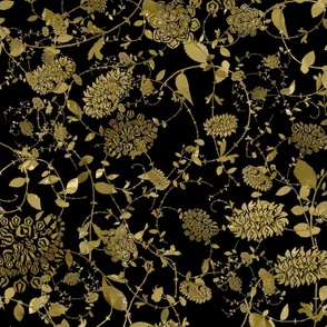 Gold Flowers on Black 24x24