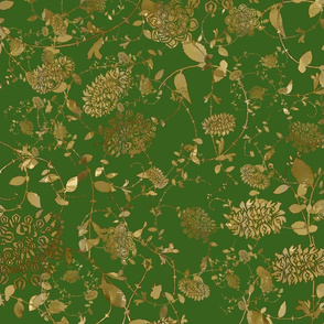 Gold Flowers on Green 24x24