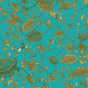 Gold Flowers on Turquoise  24 x 24