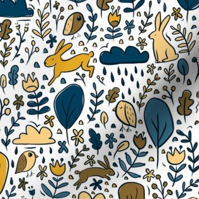 Woodland Folk Bunnies - blue, gold, mustard, yellow