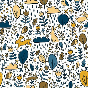 Woodland Folk Bunnies - blue, gold, mustard, yellow