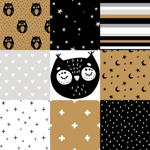 Owl patchwork- honey, black, white - scandi nursery