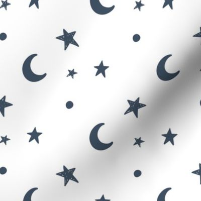 Moon and stars - dark denim blue and white