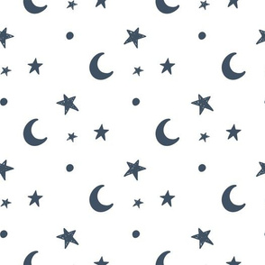 Moon and stars - dark denim blue and white