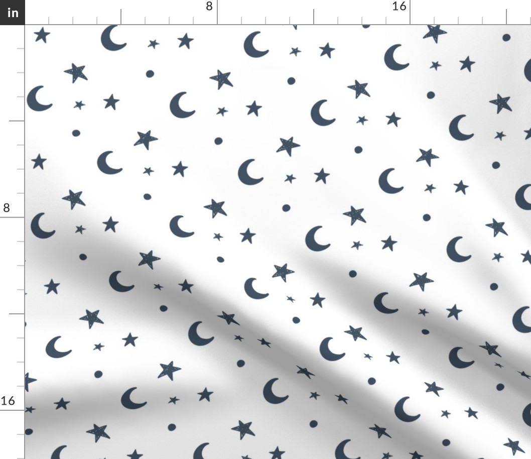 Moon and stars - dark denim blue and white