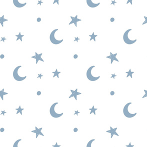 moon and stars - sky blue and white