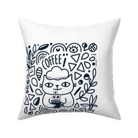 Funny doodle cat and coffee and flowers pillow 