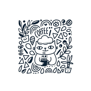 Funny doodle cat and coffee and flowers pillow 