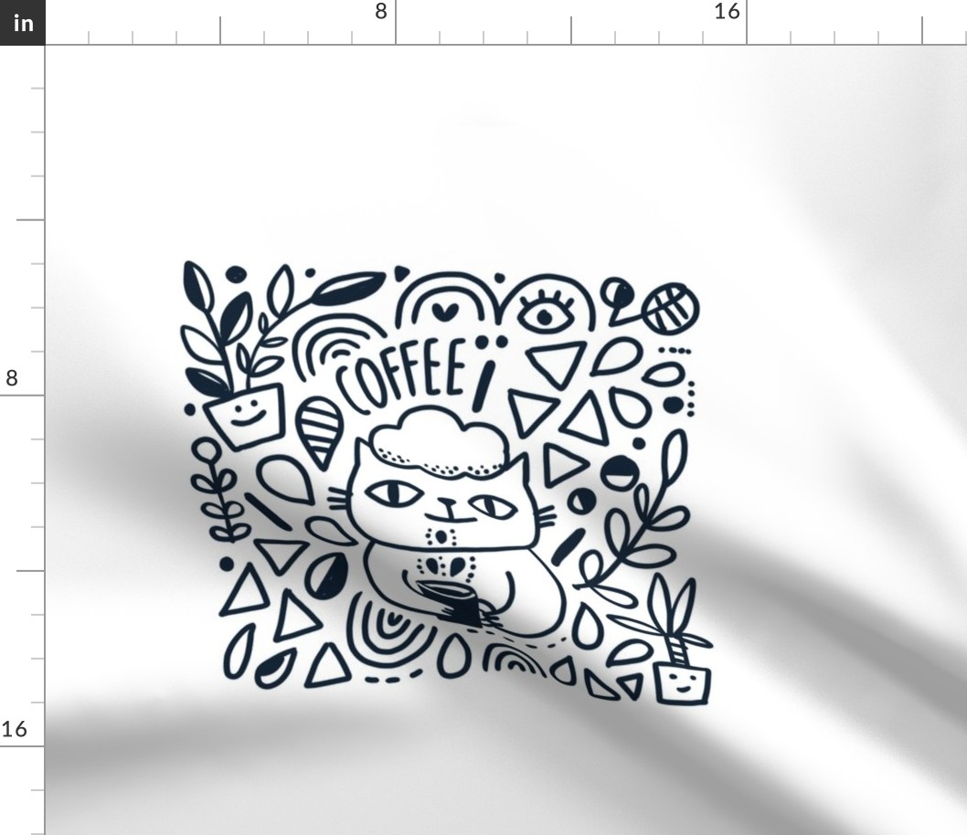 Funny doodle cat and coffee and flowers pillow 