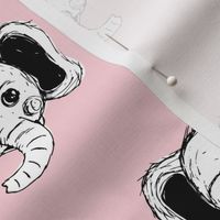 Little elephant friends ink drawing wild life animal print soft pink