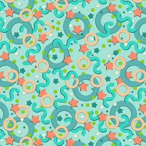 Small scale, Multicolored stars, circle, ring, stripes, dots on a turquoise background