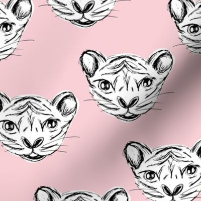 White tiger baby ink drawing wild life animal print soft pink girls
