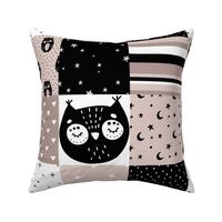 Patchwork Owls - mauve, black, white