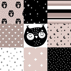 Patchwork Owls - mauve, black, white