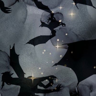 Big Dragons - black on night sky - jumbo wallpaper size - Ro