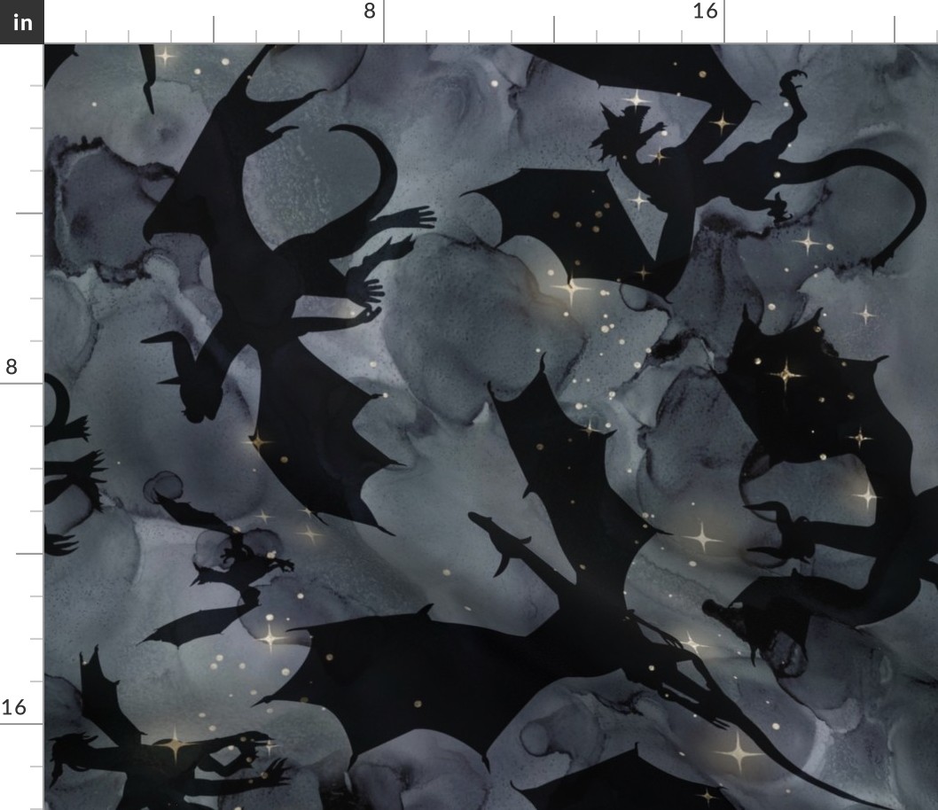 Big Dragons - black on night sky - jumbo wallpaper size - Ro