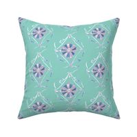 Flower motif in turquoise, lavender, plum mauve and white.